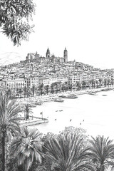 Palma, Spain, black and white pen pencil hand-drawn effect portrait drawing illustration for travel poster, card, wallpaper, backdrop or banner. Modern, clear, artistic and simple