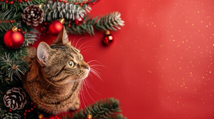 Wall Mural - Curious tabby cat peeks from behind Christmas tree branches, surrounded by red ornaments and pinecones on a festive red background with sparkles.