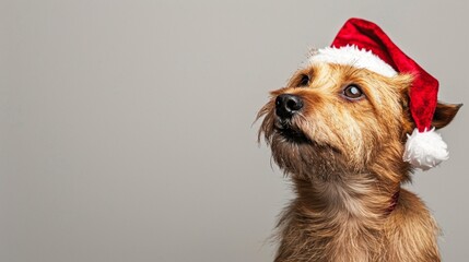 Adorable terrier dog wearing a festive Santa hat gazes upward with curiosity, its scruffy fur and expressive eyes capturing the spirit of Christmas cheer.