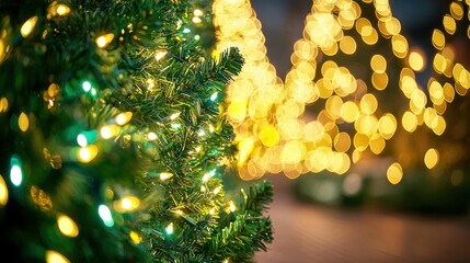 Bright and cheerful Christmas lights illuminating a lush green tree