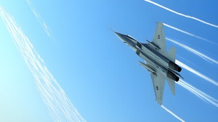 A fighter jet soaring through a clear blue sky with contrails behind it, capturing the essence of air power and freedom