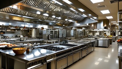 Wall Mural - Modern commercial kitchen featuring sleek metal surfaces and advanced culinary equipment, designed for professional chefs