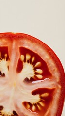 A close-up of a sliced tomato revealing its juicy interior against a light beige background