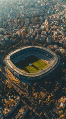 Aerial view of a modern stadium surrounded by a vibrant city, showcasing an expansive green field and urban landscape.