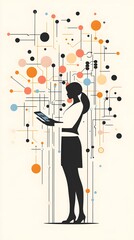Wall Mural - a businesswoman analyzing data on her tablet, surrounded by networking equipment, with a light solid