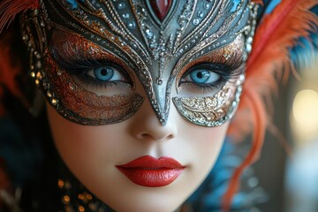 venetian masquerade allure ornate carnival mask adorned with feathers and jewels rich colors and metallic accents catching dramatic lighting