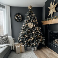 Wall Mural - Close-up of a Christmas tree in a living room by the fireplace.