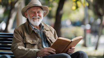 A happy elderly man sitting on a bench, enjoying a book with a soft smile on his face