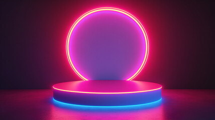 Wall Mural - Neon Circle with a Platform, Perfect for Product Showcase