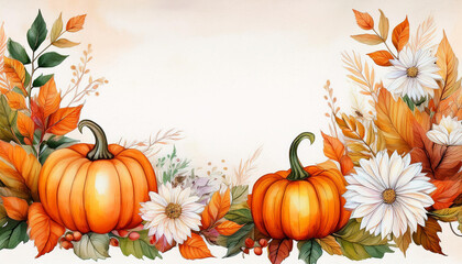 Watercolor autumnal frame with pumpkins and flowers. Autumn vegetables and florals. Fall Thanksgiving