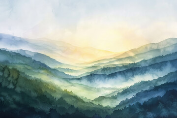 A painting of a mountain range with a bright sun shining on it