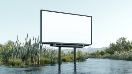 A blank billboard stands in a tranquil water setting, surrounded by lush greenery and mountains, ideal for advertising or creative designs.