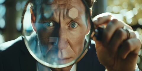 Businessman looking through a magnifying glass, searching, monitoring the situation, Generative AI.