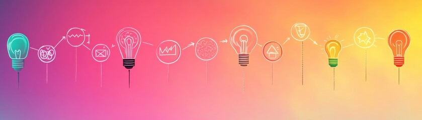 Wall Mural - creative light bulbs with various symbols on a gradient background, symbolizing ideas, innovation, a