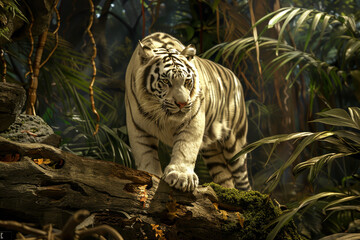 A white tiger is walking on a log in a jungle