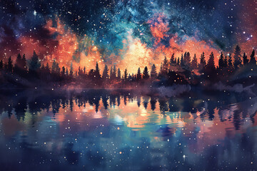 Sticker - A painting of a forest with a lake and stars in the sky