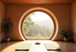 © Hoody Baba - Empty yoga studio interior design in minimal style with round window wooden floor and forest view morning light meditation space zen background