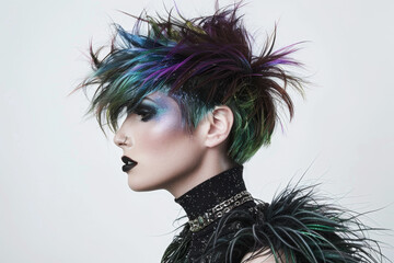 Sticker - A woman with a short, colorful, and spiky hairstyle is wearing a black