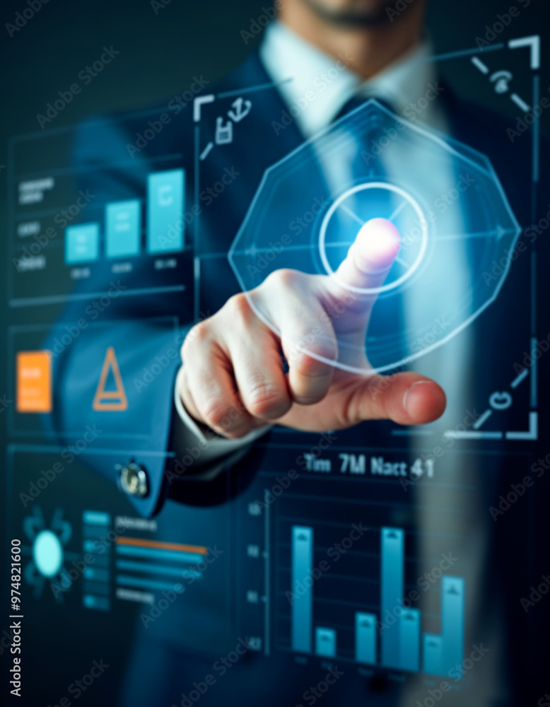 Businessman using digital interactive interface with data analysis ...