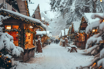 Poster - A snowy street with a row of Christmas shops