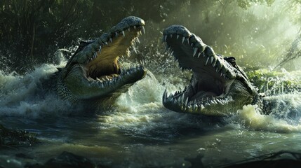 Sticker - Two Crocodiles Facing Each Other with Open Mouths in a River