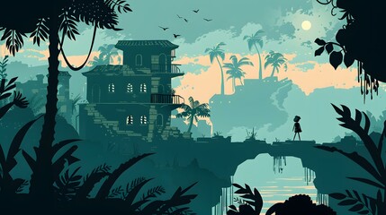 Silhouette of a Girl Walking on a Bridge in a Jungle