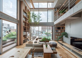 Modern Minimalist Living Room with Wooden Floor and Large Windows