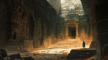 Sticker - A lone figure standing before a grand temple entrance in an ancient, sun-drenched ruin.