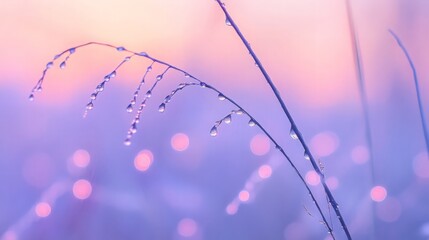 Wall Mural - Dew Drops on Grass Blades at Sunset