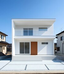 Modern White Two Story House with Balcony and Front Yard