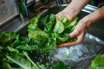 Woman's hands washing fresh green vegetables for cooking.