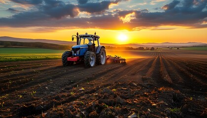 Sunset over a rural landscape as a tractor plows a field, capturing the essence of agriculture and farming in harmony with nature.