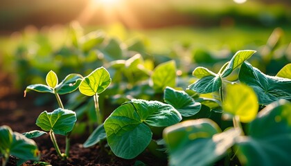 Wall Mural - Morning Sunlight Illuminating Fresh Green Beans and Lush Leaves in a Vibrant Garden Celebrating Organic Farming and Sustainable Agriculture