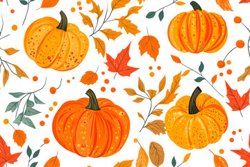 Wall Mural - Seamless pattern with autumn leaves and pumpkins. Falling leaves. Autumn botanical background.