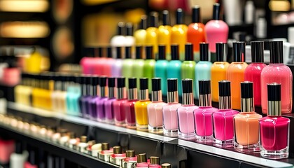 Vibrant Nail Polish Showcase in a Chic Beauty Store: A Celebration of Cosmetics and Fashion Accessories