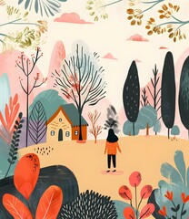 Wall Mural - Woman Looking at a Small House in a Forest