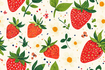 Wall Mural - Seamless pattern with strawberry. Trendy summer background with hand drawn strawberry, flowers and leaves.