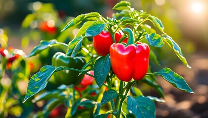 Wall Mural - Lush garden of vibrant bell peppers thriving in sunlight, celebrating organic farming and the beauty of vegetable cultivation