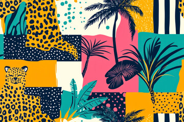 Tropical summer beach patchwork seamless pattern. Jungle palm tree, leopard, doodle elements, stripes, polka dots.