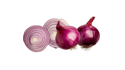 One fresh red onion and half a chopped red onion isolated transparent background images