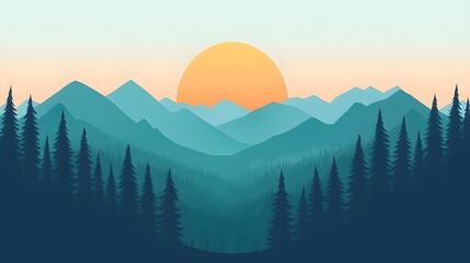 Wall Mural - Vector illustration of a forest landscape with mountains at sunrise, featuring a flat design with simple shapes and flat colors