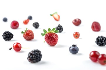 Wall Mural - A variety of fresh mixed berries scattered on a white surface