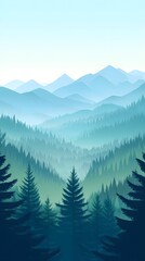 Wall Mural - Vector illustration of a forest landscape with mountains at sunrise, featuring a flat design with simple shapes and flat colors