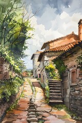 Wall Mural - Watercolor Painting of a Stone Road in a Village