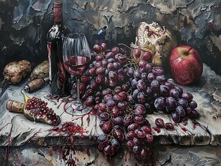 Wall Mural - Still Life with Wine, Grapes, and Fruit - A Masterpiece of Color and Texture