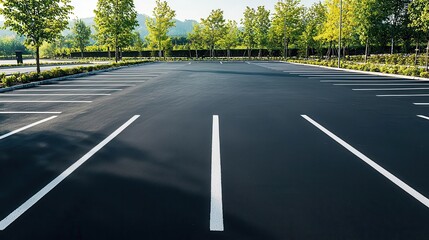 a freshly paved parking lot with smooth asphalt and bright white parking lines, ready for use parkin