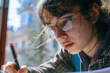 Wall Mural - A woman wearing glasses is writing with a pen