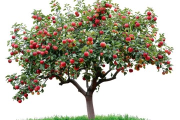 A picture of a tree with bright red apples hanging from its branches