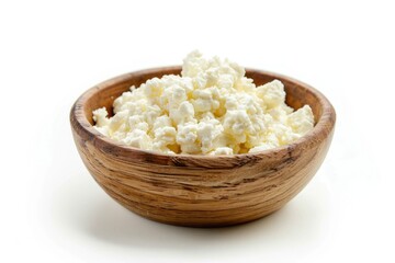 Wall Mural - A wooden bowl filled with cottage cheese on a white surface