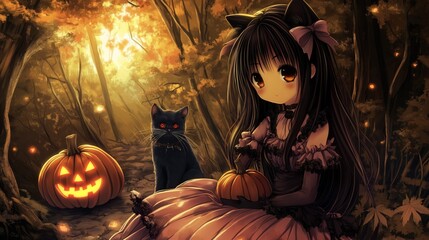 Cute anime girl sitting in an autumn forest with a black cat and jack-o'-lanterns at night